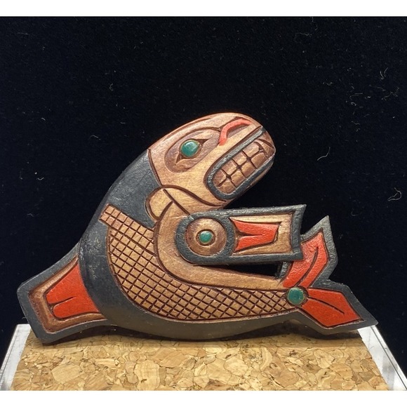 Orca Killer Whale Pin Brooch Artie George Coast Salish Hand Carved Painted